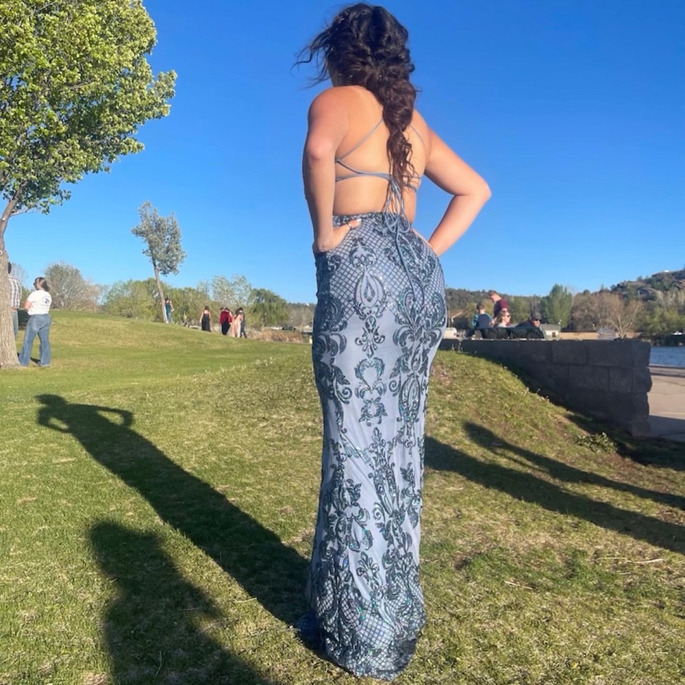 Windsor Blue and Silver Halter Backless Gown